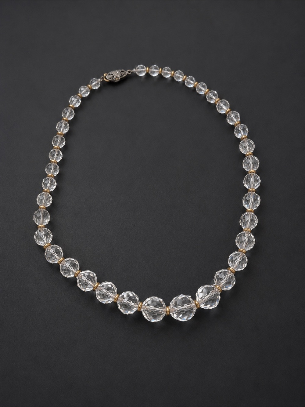 Vintage Faceted Crystal Glass Bead Necklace – Sterling Silver Clasp 15”